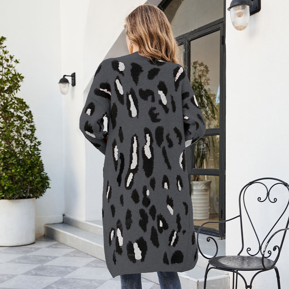 V-neck Leopard Print Knitted Cardigan Sweater Long Coat