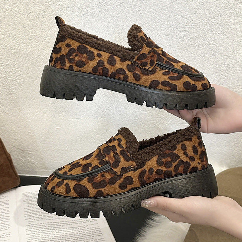 Plus Size Fleece Lined Loafers Leopard Print British Style