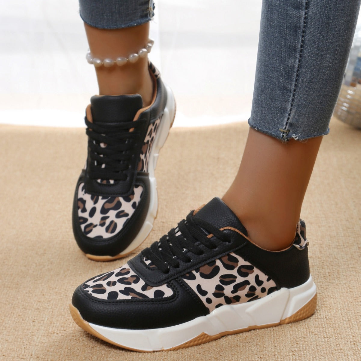 Leopard Print Casual Flache Schnürsenkel Sport Freizeitschuhe