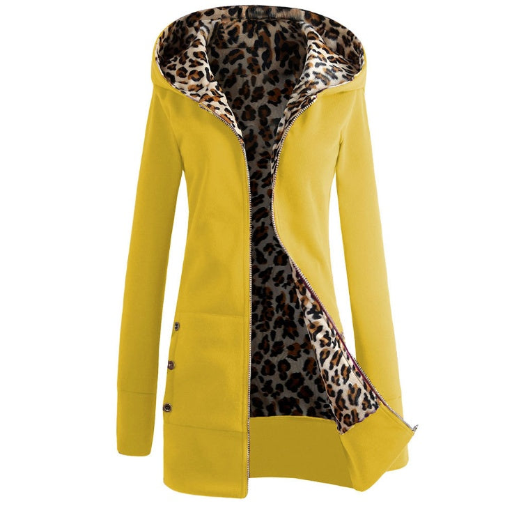 Autumn and winter new spot Europe and America thickening plus velvet large size hooded leopard sweater sweater jacket