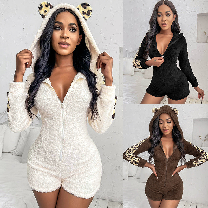 Women's Tight-fitting Hoode Autumn And Winter Leopard Print Funny Jumpsuit