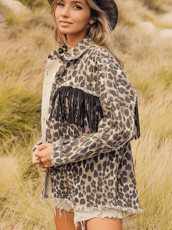 Women's Tassel Washed Distressed Leopard Denim Jacket