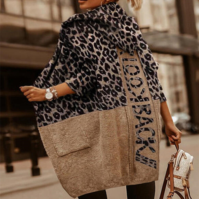 Women's Slouchy Style Loose Commuter Long Sleeve Leopard Woolen Coat
