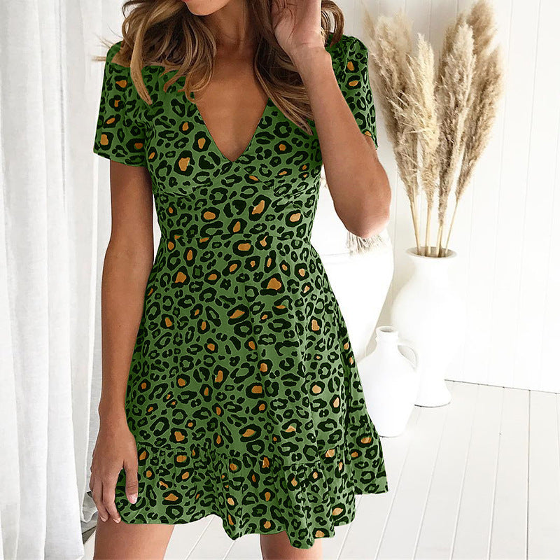 Sexy langärmeliges Kleid mit V-Ausschnitt und Leopardenmuster