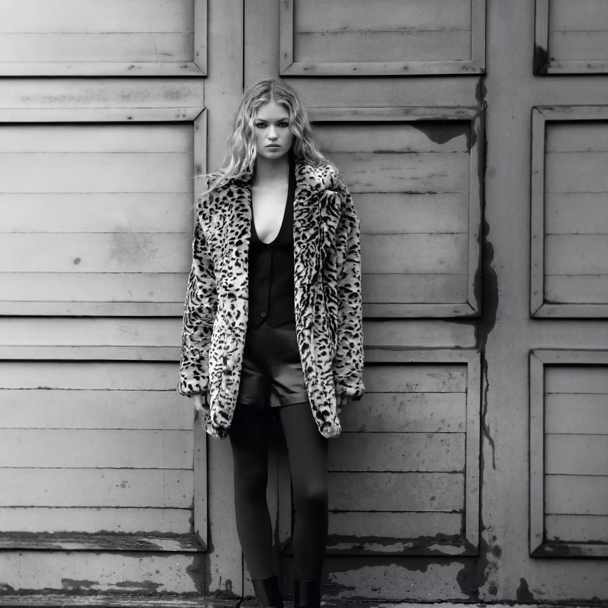 Faux Fur Effect Fashion Leopard Print Mid-length Coat