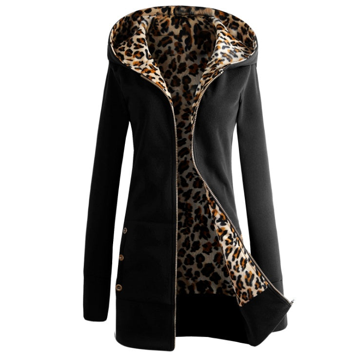 Autumn and winter new spot Europe and America thickening plus velvet large size hooded leopard sweater sweater jacket