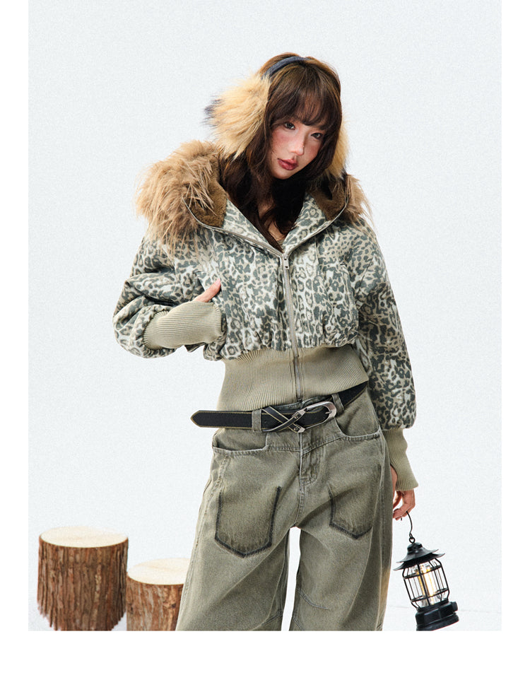 Thickened Slim-fit Short American-style Leopard Print Cotton Jacket