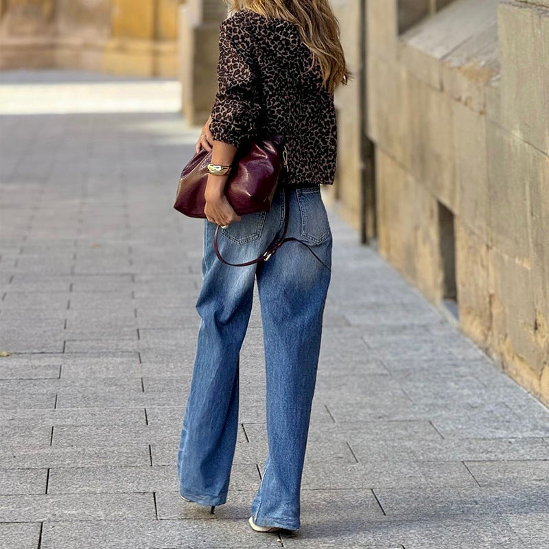 Temperament Long Sleeve Leopard Print Hooded Jacket