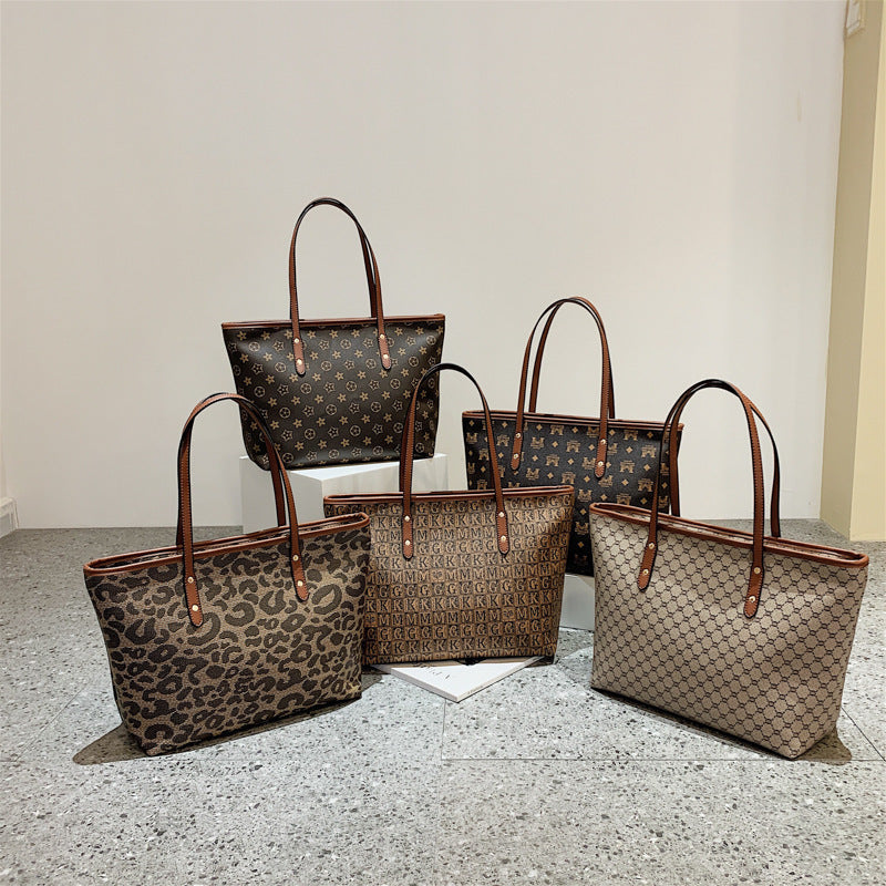 New Fashion Trendy Old Flower Leopard Print Tote Bag All-match Portable