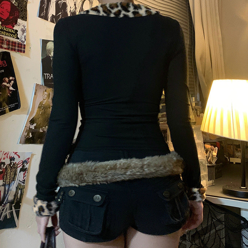 French Sexy Hot Girl Leopard Print Base All-matching T-shirt Sweater