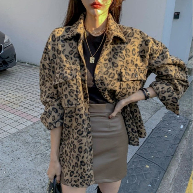 Autumn New Style Women's Woolen Shirt And Leopard Print Jacket