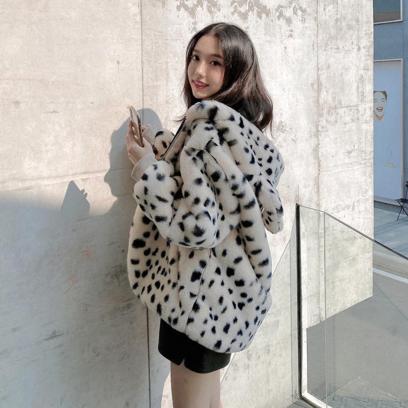 Leopard Print Leather Jacket Imitated Lamb Hair Short