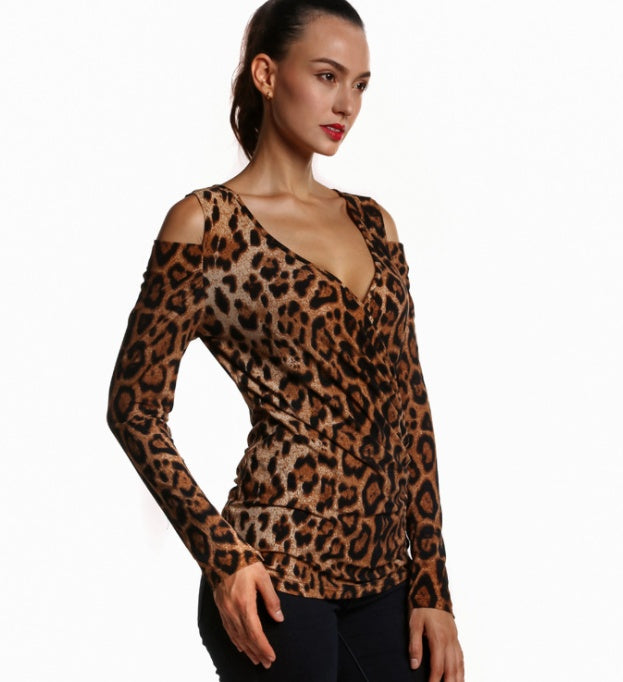 Spring new leopard print deep v collar sexy Slim shoulder long-sleeved shirt for female