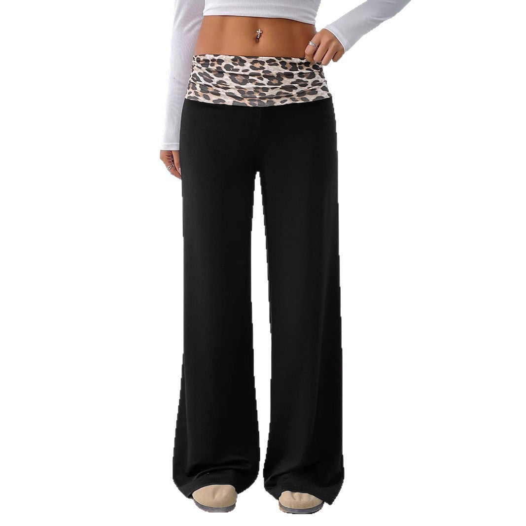 Casual Patchwork Contrast Color Leopard Print Wide Leg Pants For Women