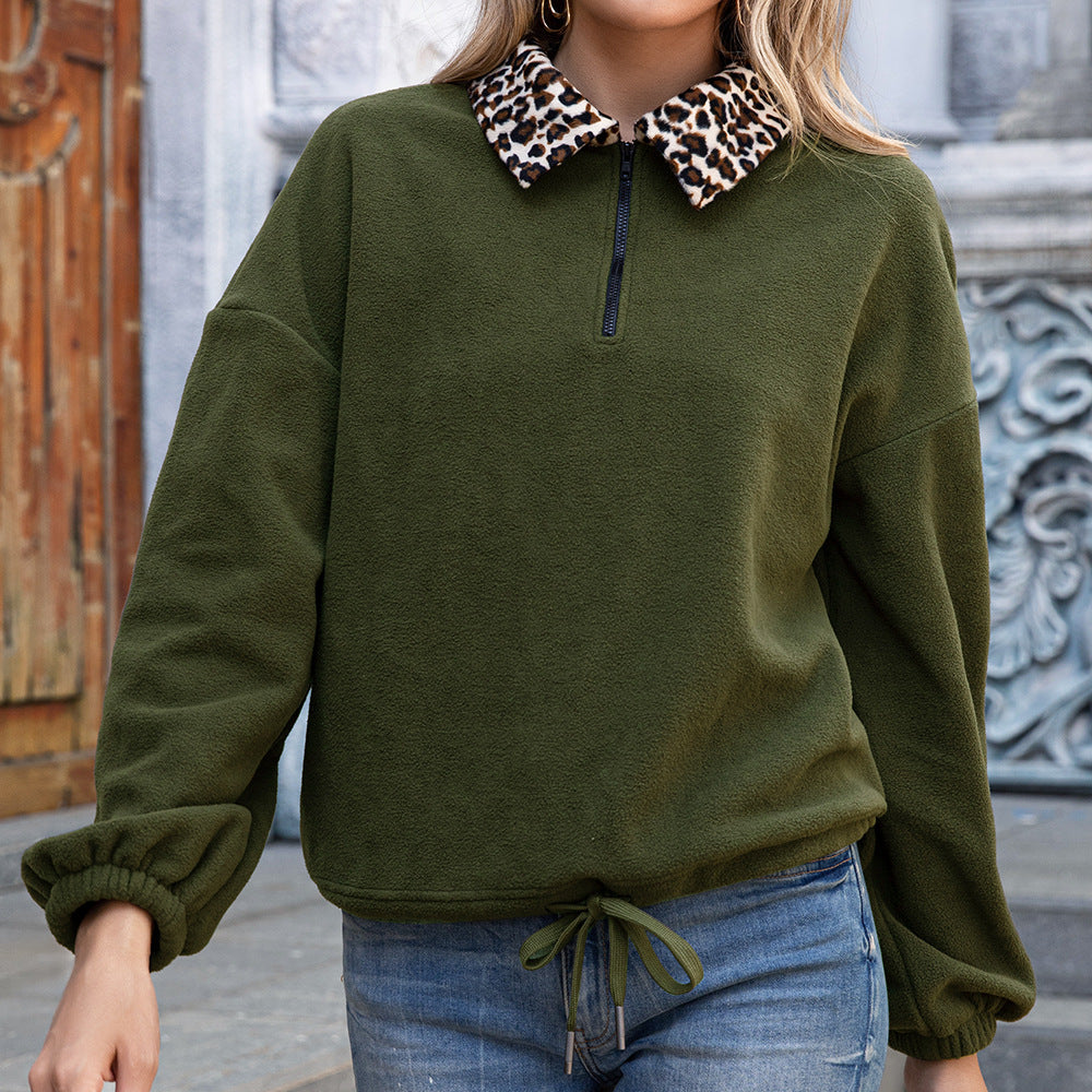 Zip polar fleece leopard print colorblock coat