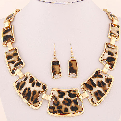 Vintage Leopard Print Necklace Sweater Chain Earrings Suit