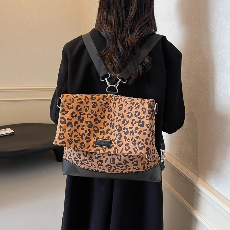 Multi-purpose Casual Fashion Temperament Leopard Print Leather Velvet Backpack Women's Bag