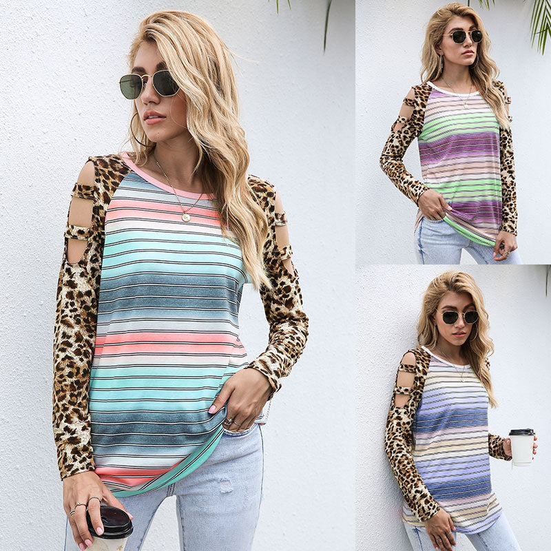Leopard Gradient Stripe Hollow Top