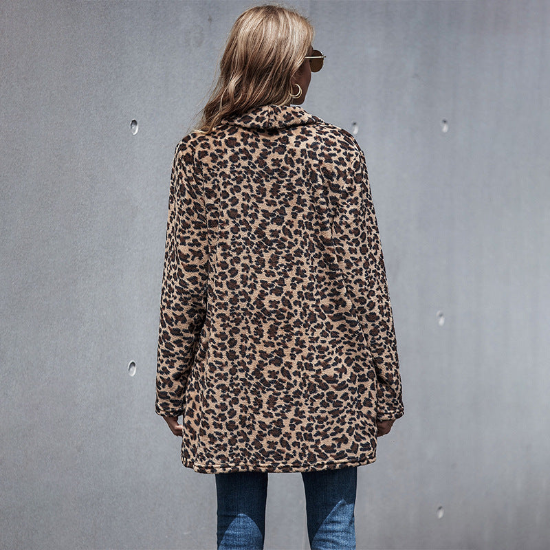 Women's long-sleeved faux fur leopard print casual coat