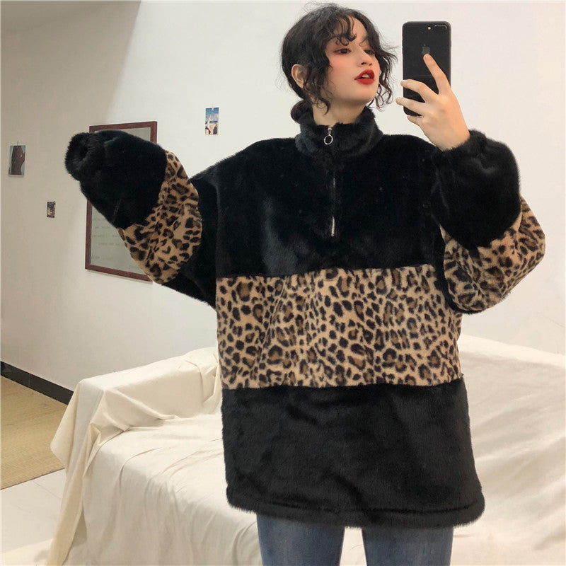 Leopard-patterned turtleneck zip warm sweatshirt