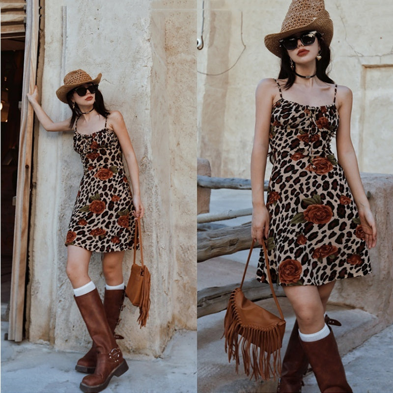 Vintage Leopard Print Gedrucktes kurzes Kleid mit Schleife