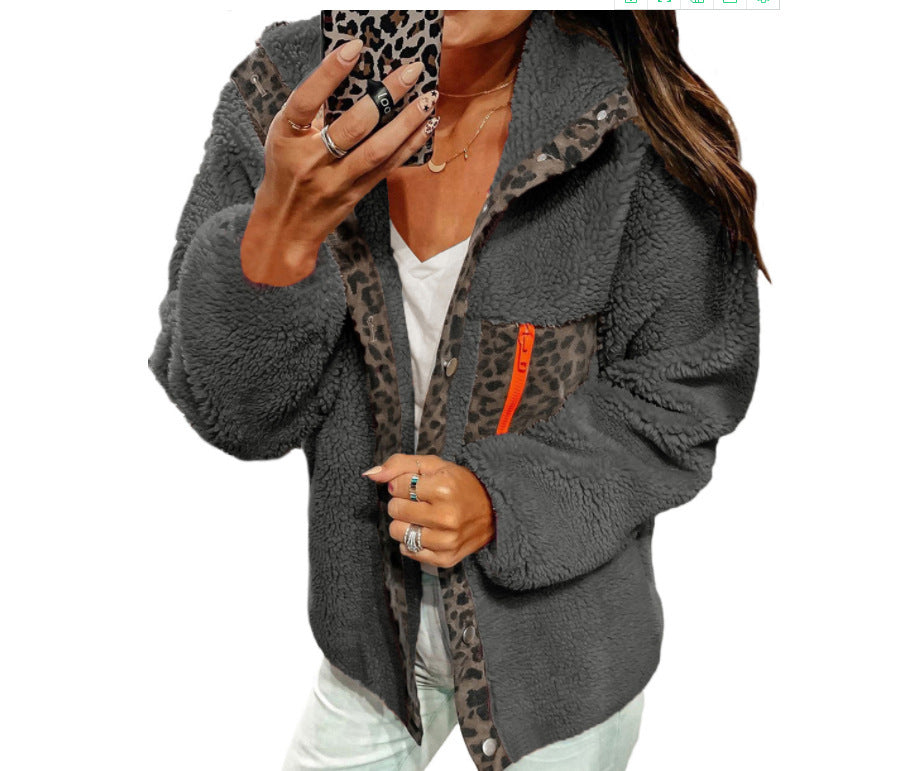 Women's Leopard Print Zipper Long Sleeve Plush Jacket