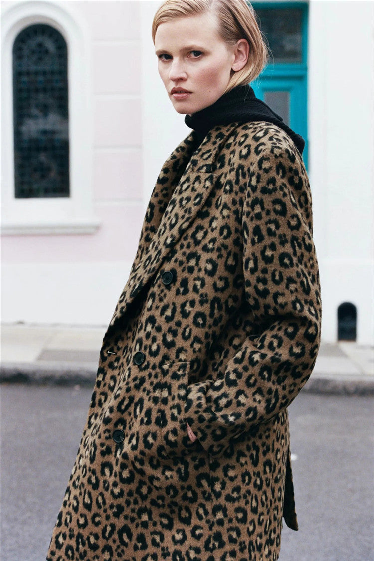 Sexy leopard print European and American style casual simple mid-length woolen jacket