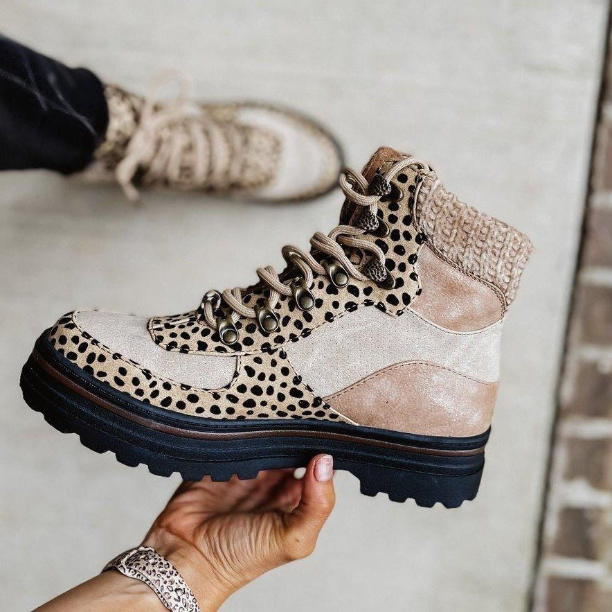 Large Size Fashion Martin Boots Women's High Top Lace Up Leopard Print Wool