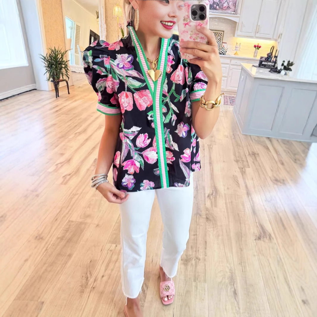 European And American Leisure Fashion Leopard Print Contrast Color Ruffled Short Sleeves