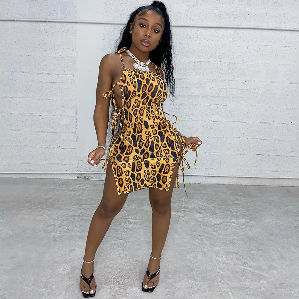 Sexy Leopard Print Riemchenkleid mit Sling-Nähten