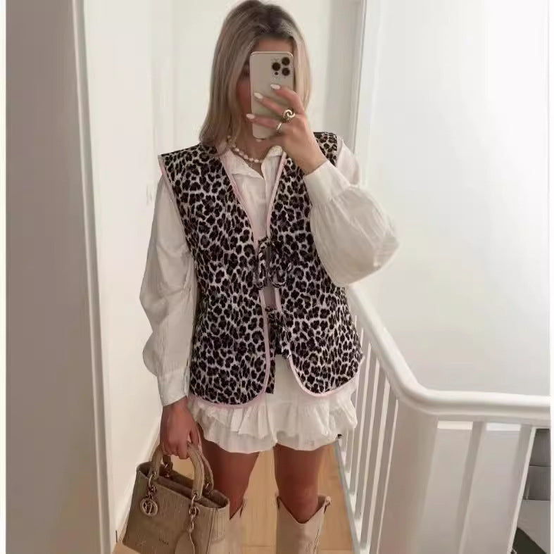 Leopard Bow Lace-up Vest Warm