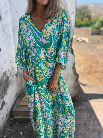 Leopard Print V-neck Printed Long Sleeve Loose Dress Women