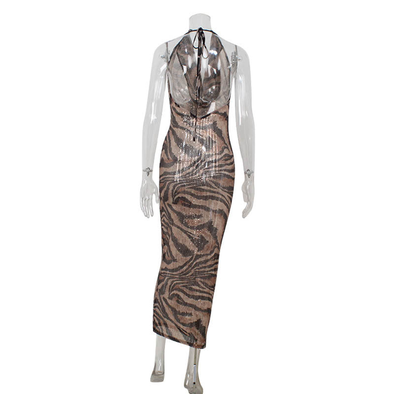 Ärmelloses tiefes V-Kleid mit Leopardenmuster