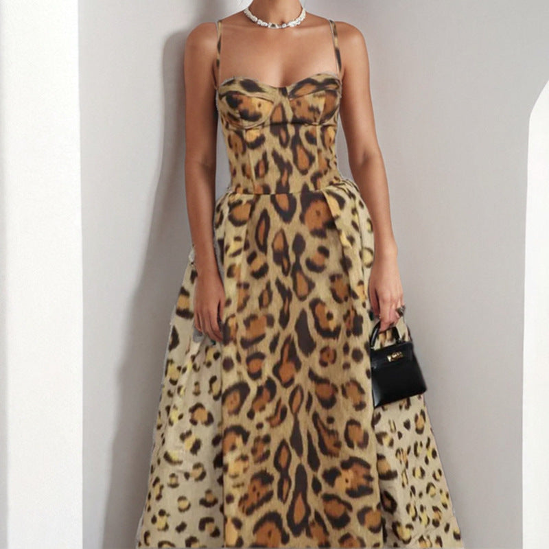 Sexy Hot Girl Leopard Print Backless Slimming Suspender Dress