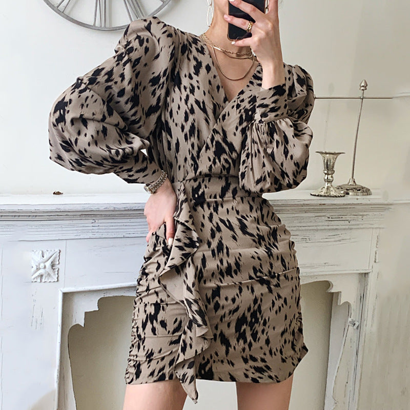 Light Mature Style Leopard Print V-neck Cross Ruffled Hip Dress