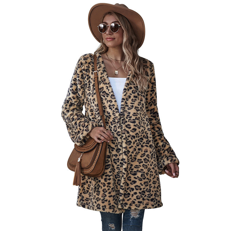 Ladies Leopard Print Open-front id-length coat