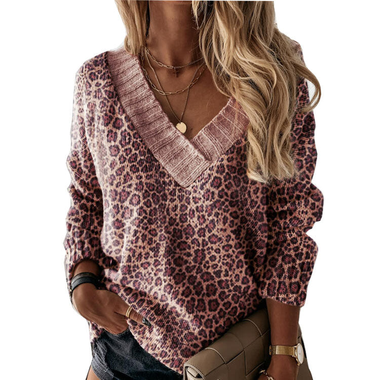 V-neck Leopard Print Casual Sweater Women Europe And America