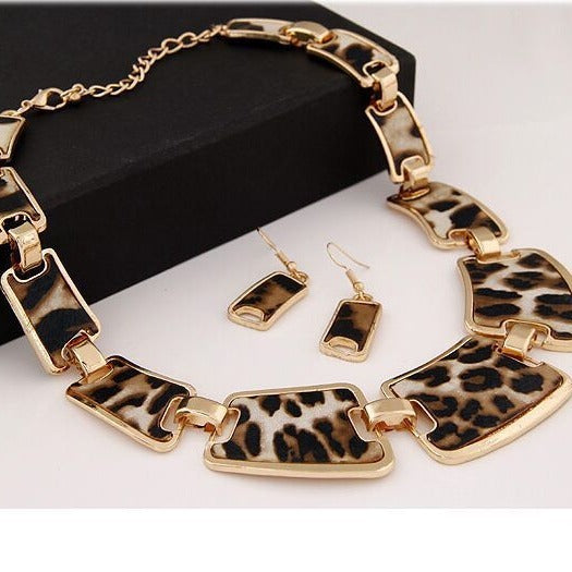 Vintage Leopard Print Necklace Sweater Chain Earrings Suit