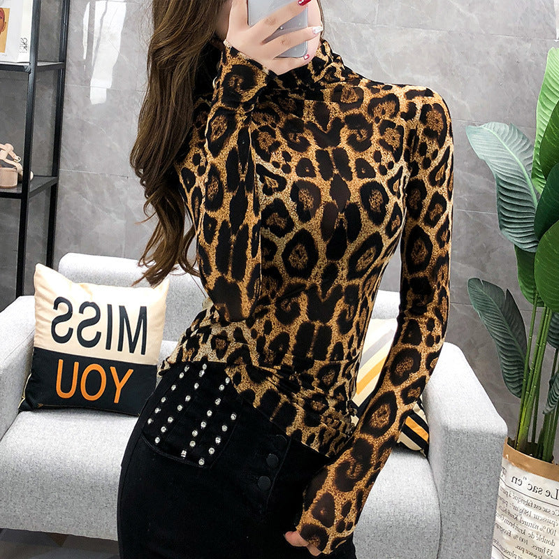 Net gauze leopard print high neck long sleeve