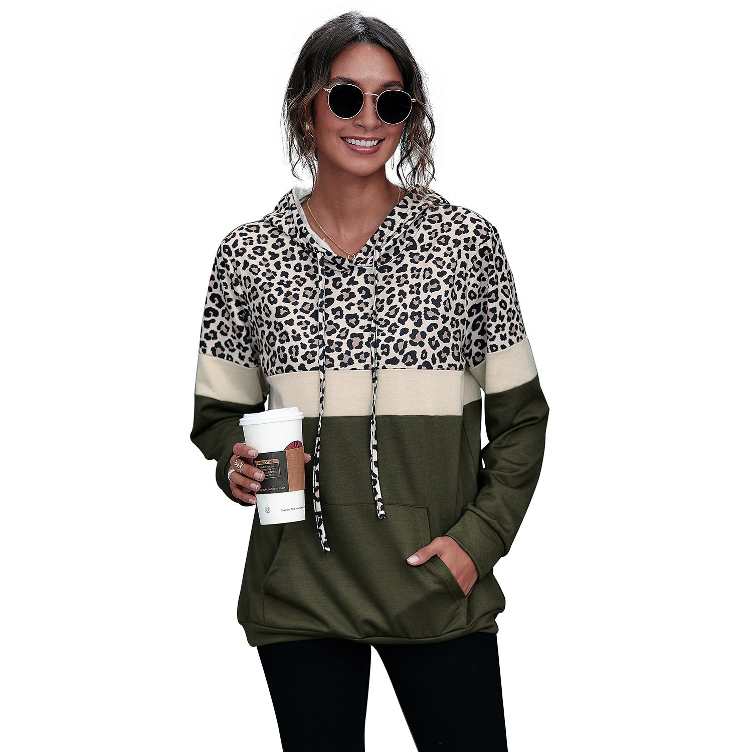 Long Sleeve Sweatshirt Leopard Print Panel Hooded Top