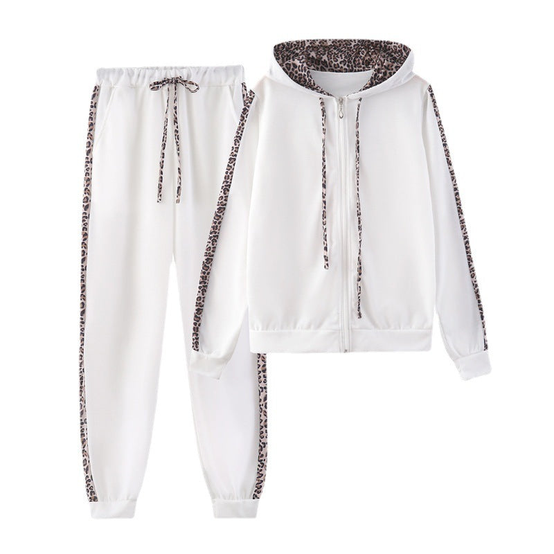Women's Leopard Print Long Sleeve Print Zip Sweater Pants Set