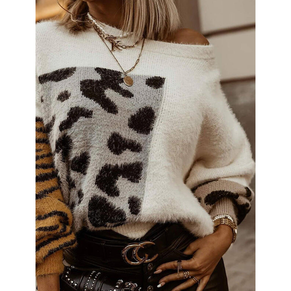 Leopard Print Long-sleeved Woolen Knitted Top Women Sweater
