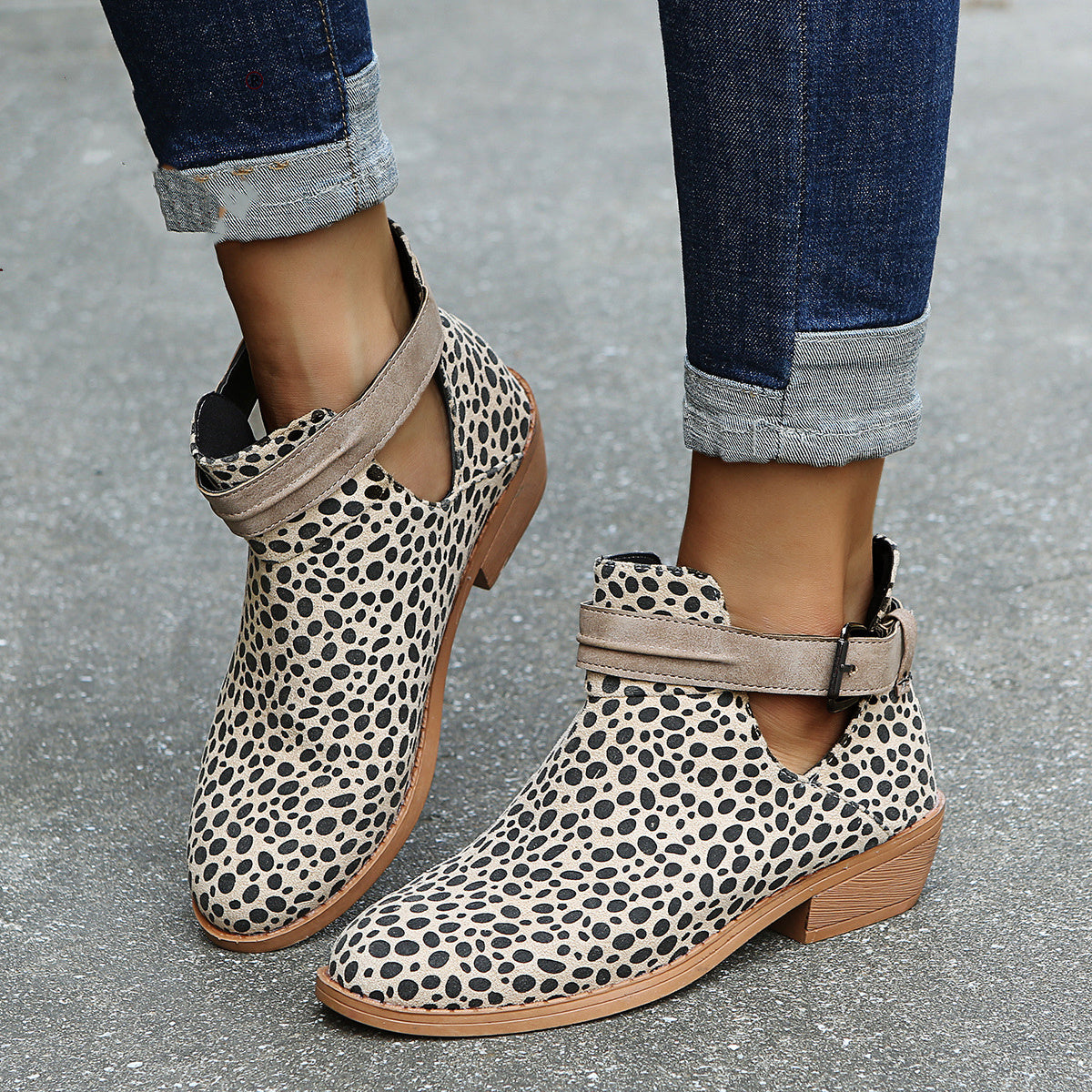 Schnalle Stiefelette Leopard V Ausschnitt Schuhe für Frauen