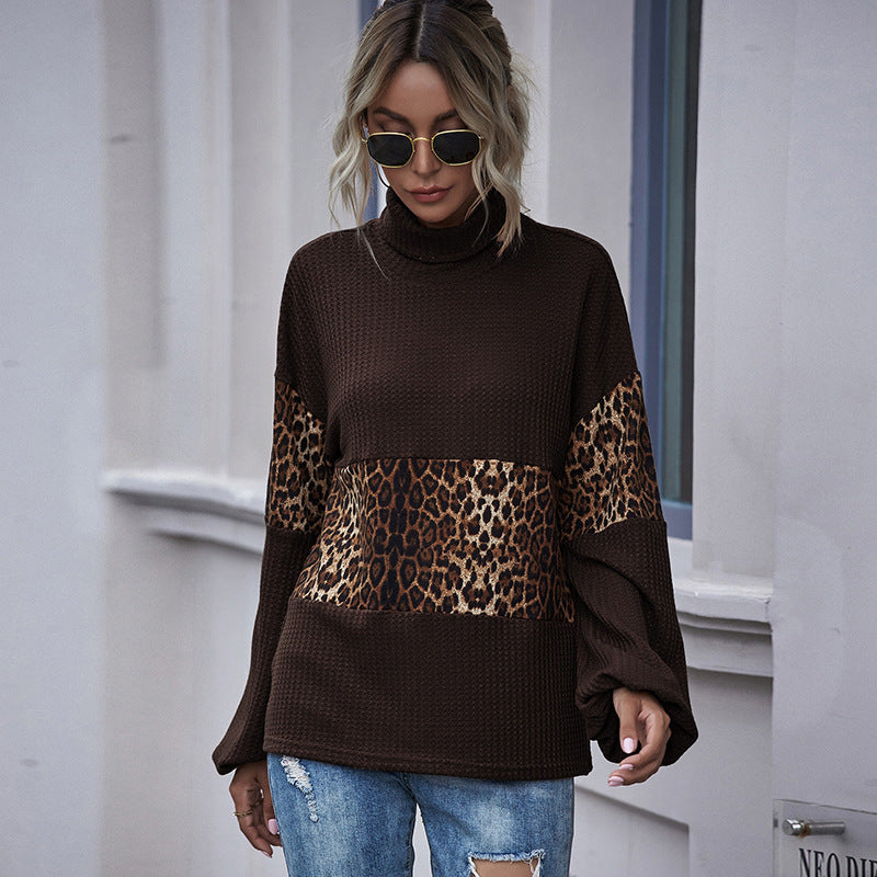 New European And American Leopard Print Contrast Color Long Sleeve Ladies Pullover Top