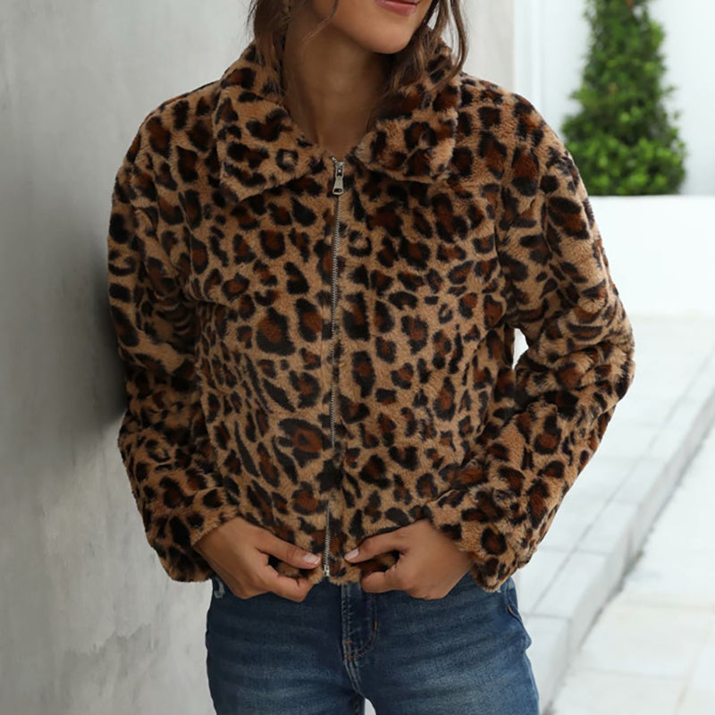 Vintage Leopard Print Lapel Zipper Slim Fit Faux Fur Cotton Jacket