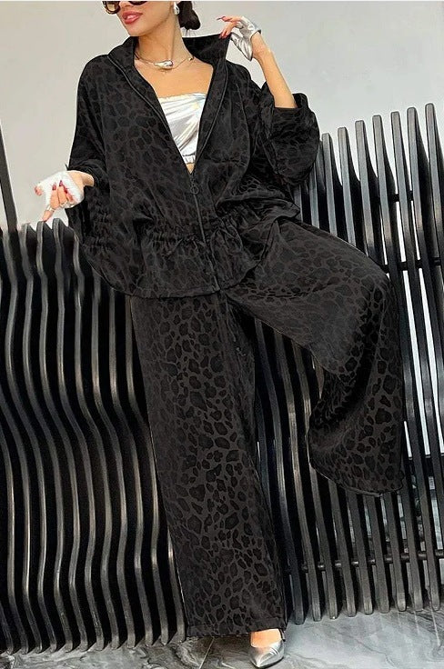 European And American Lapel Waist Drawstring Long Sleeve Leopard Print Casual Suit