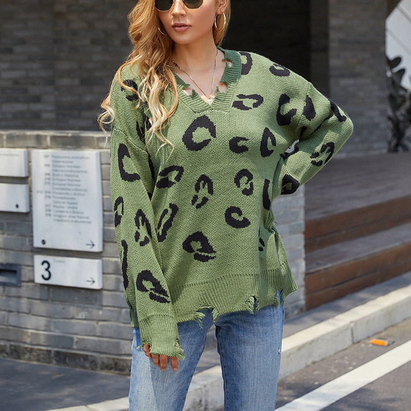 Women's V-neck Leopard Sweater