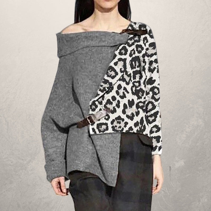 Leopard Print Stitching Irregular Sweater