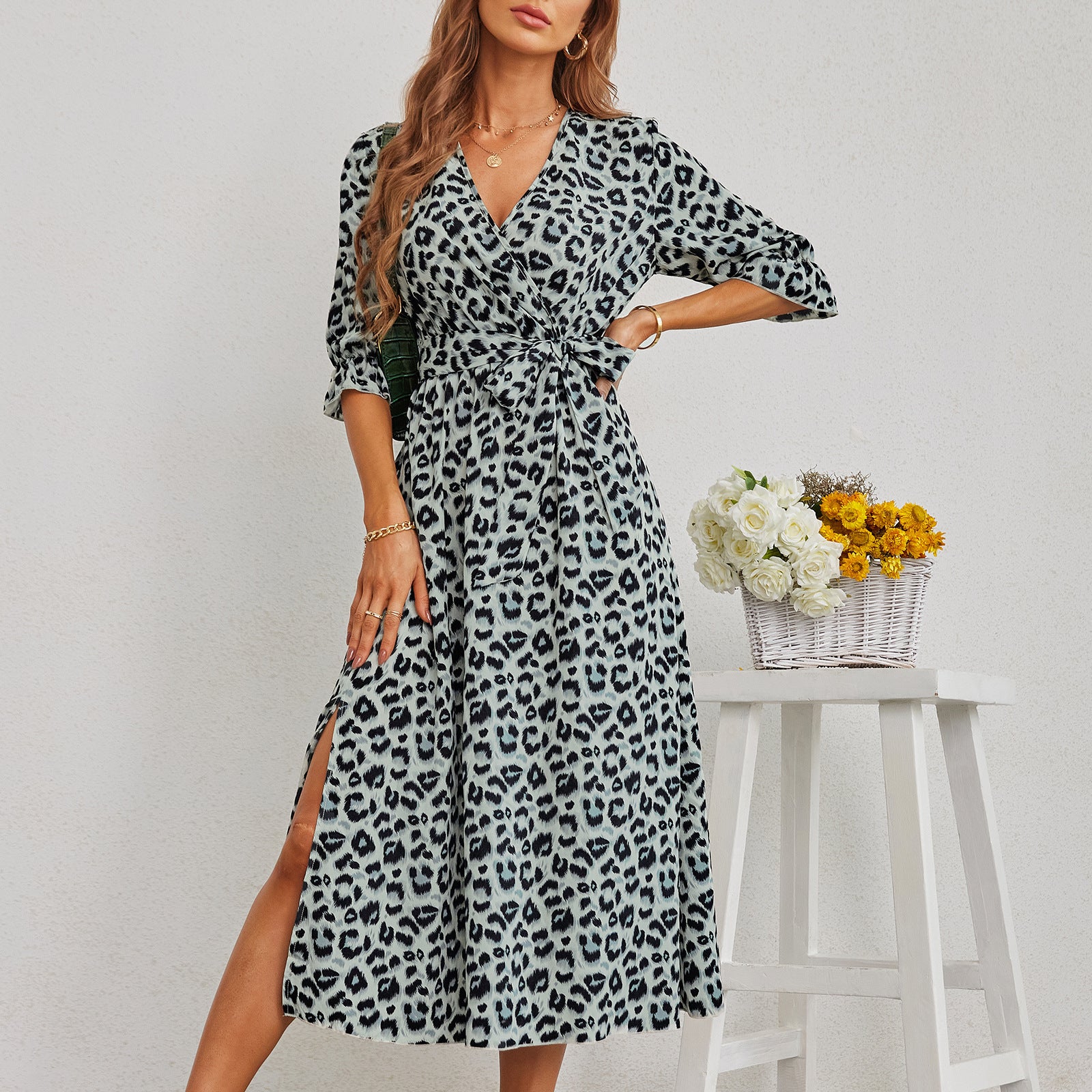 Europäisches und amerikanisches Damen Leopard Print Schlitzkleid