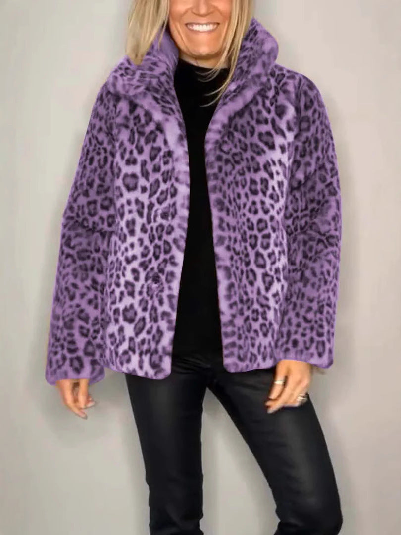 Winter New Warm Women's Fashionable Leopard Print Lapel Faux Leather Woolen Top